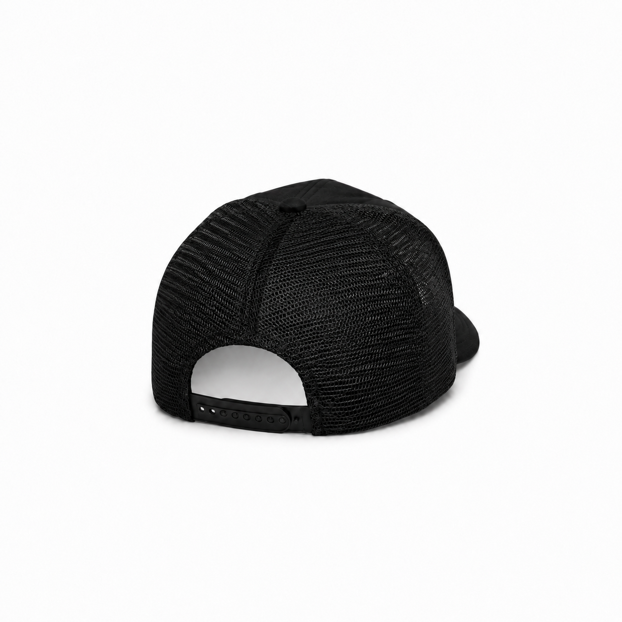 Black trucker-style baseball cap with a breathable mesh back and an adjustable plastic snapback closure.