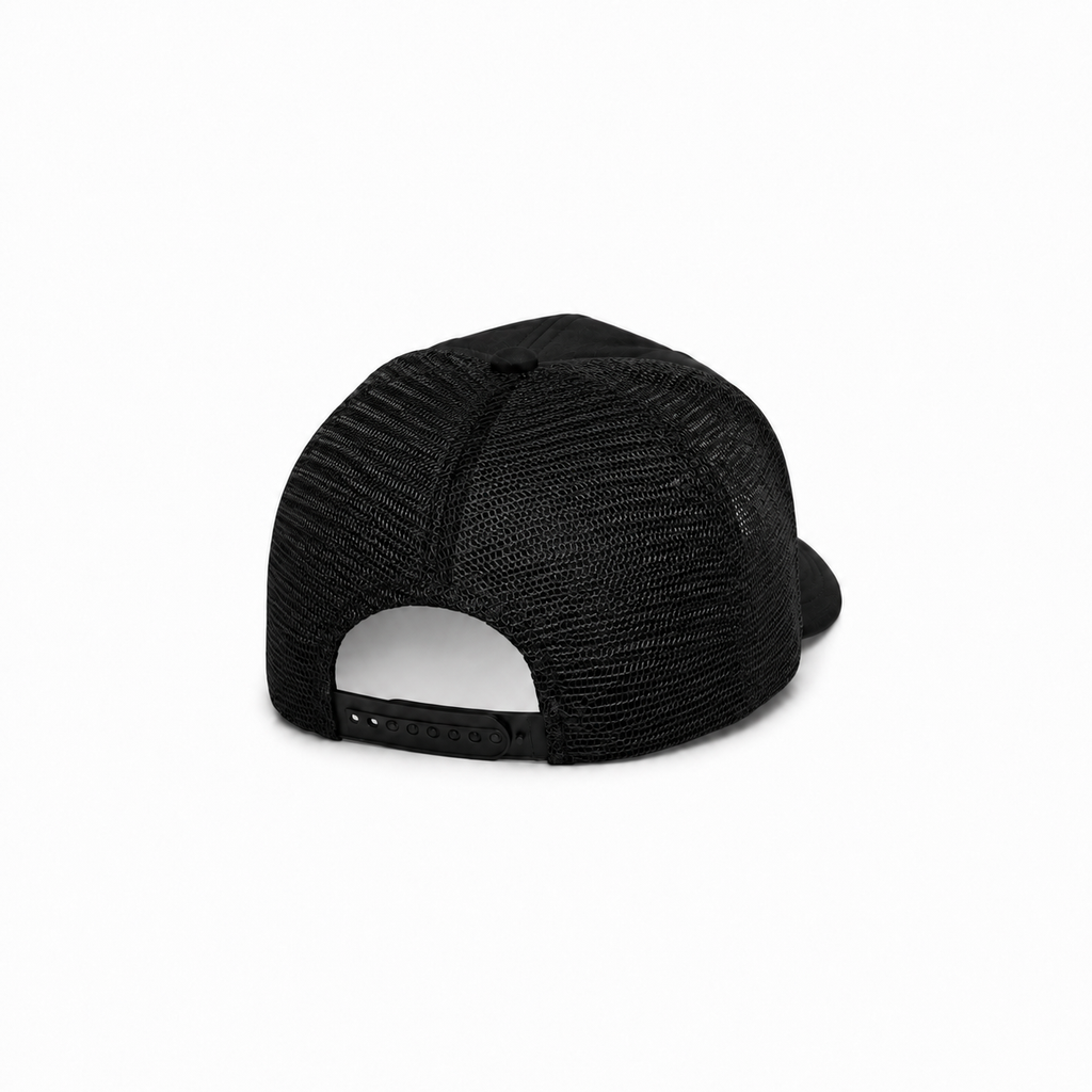 Black trucker-style baseball cap with a breathable mesh back and an adjustable plastic snapback closure.