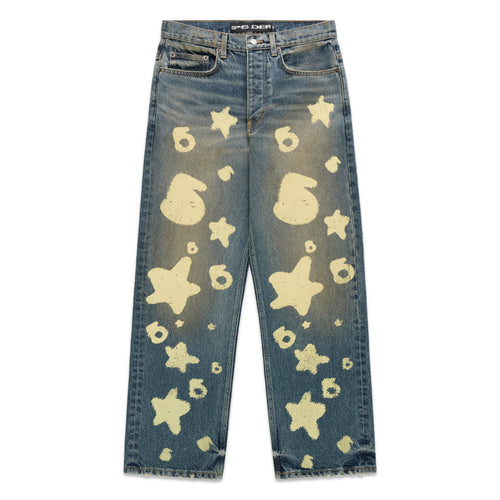 BELUGA STAMP DENIM blue jeans with yellow star and "6" stamp design, custom hardware, and straight leg fit.