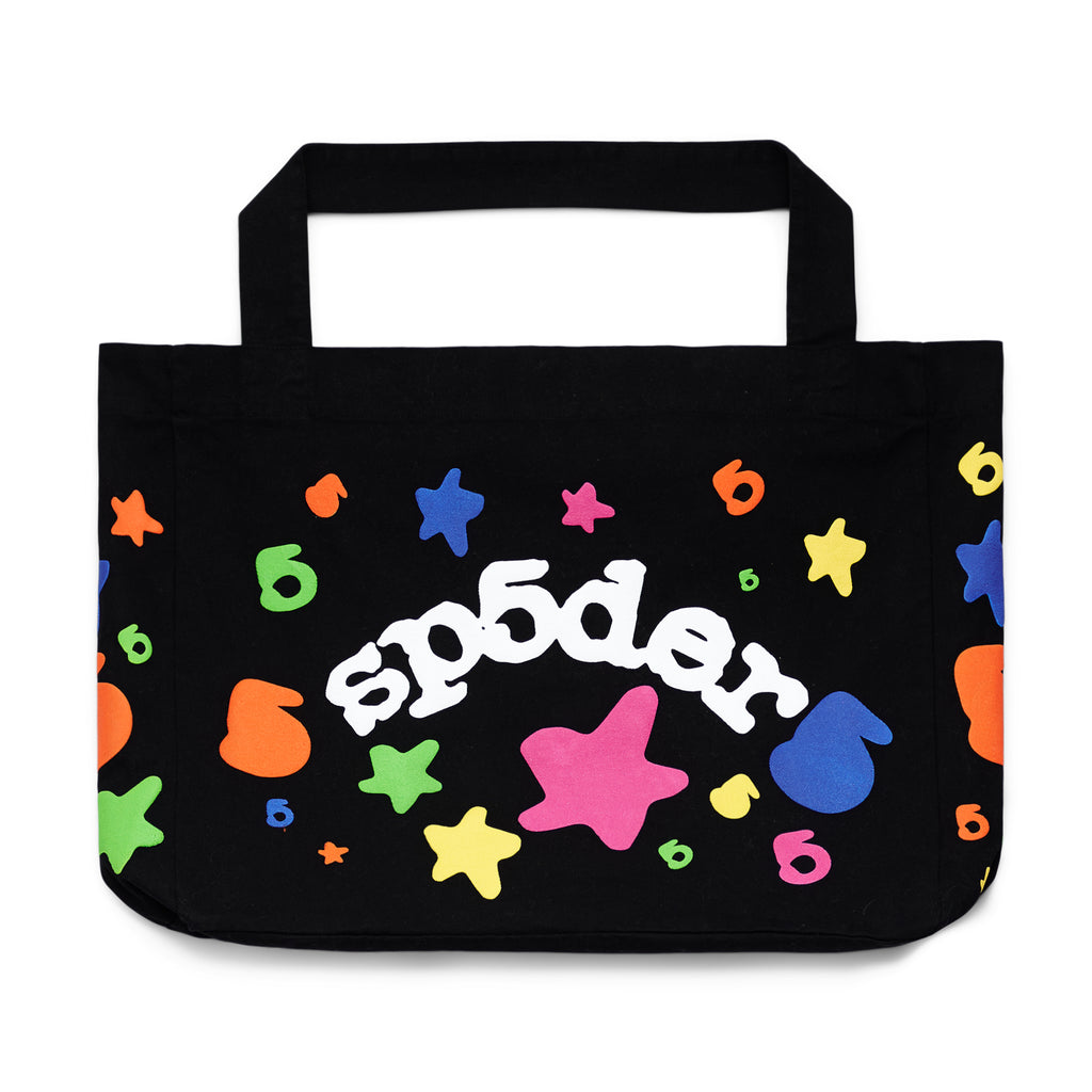 Black 8oz twill Beluga tote bag with colorful puff print stars and numbers, featuring "sp5der" text.