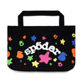 Black 8oz twill Beluga tote bag with colorful puff print stars and numbers, featuring "sp5der" text.