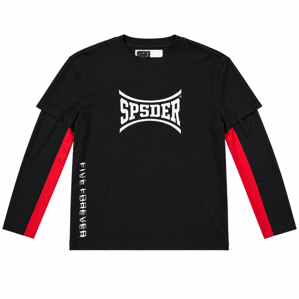 Black layered cotton t-shirt with long red-paneled sleeves and white cracked-effect graphic prints.