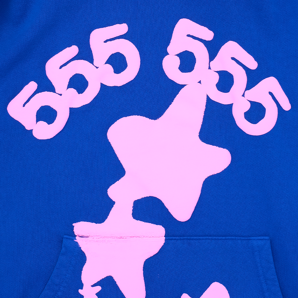 Blue Beluga Hoodie with pink puff print '555' and star design on front, featuring a kangaroo pocket.