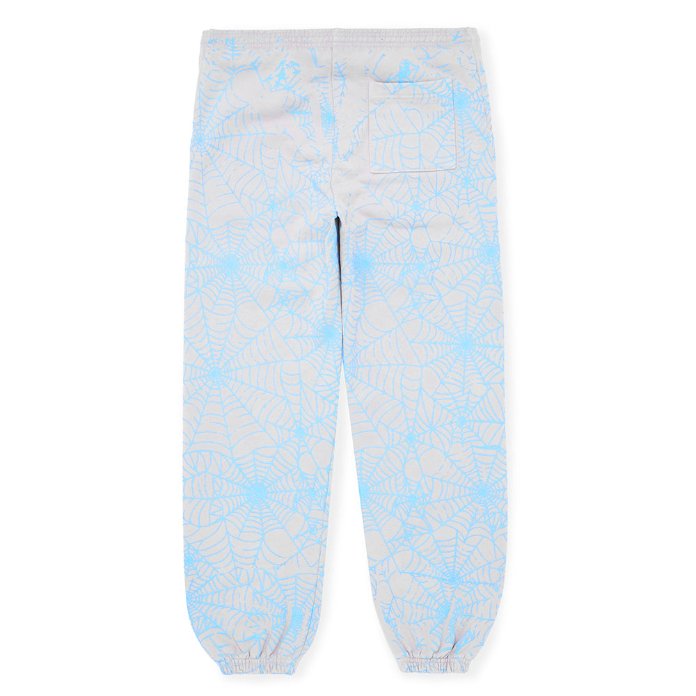 Gray 23oz fleece sweatpants with all-over light blue cracked web print and elastic cuffs.