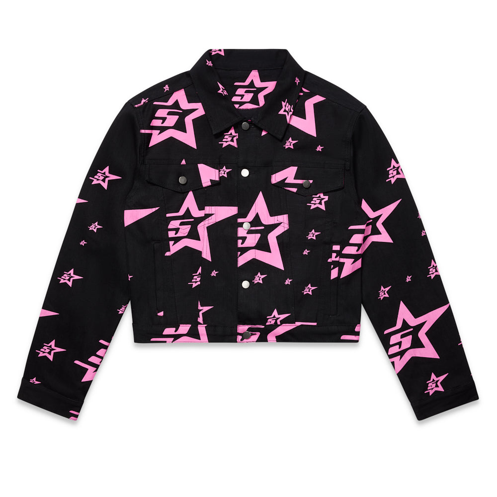 Black denim trucker jacket with pink '5 Star' all-over graphic and silver button closures.