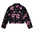 Black denim trucker jacket with pink '5 Star' all-over graphic and silver button closures.