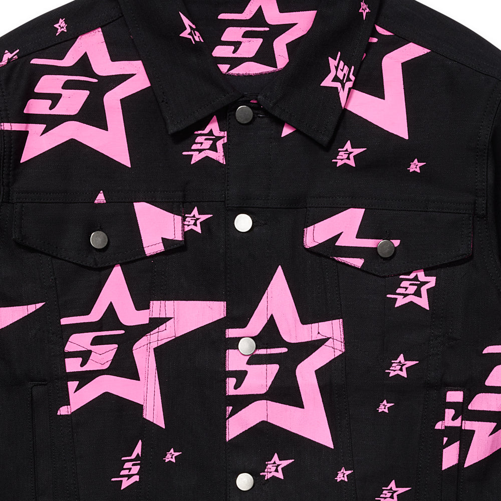 Black denim trucker jacket with pink '5 Star' graphic and silver buttons.