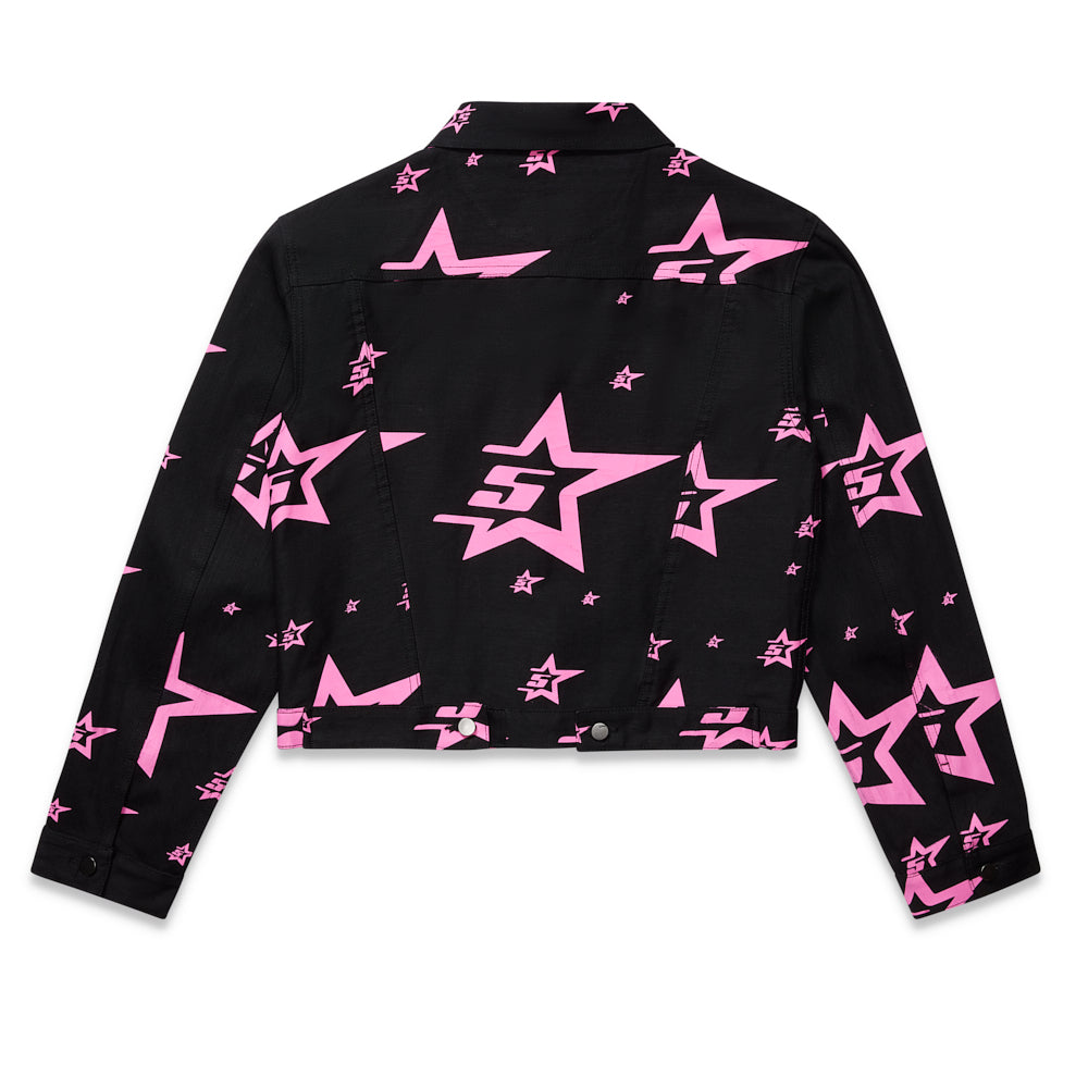 Black denim trucker jacket with pink '5 Star' all-over graphic and silver button closures.