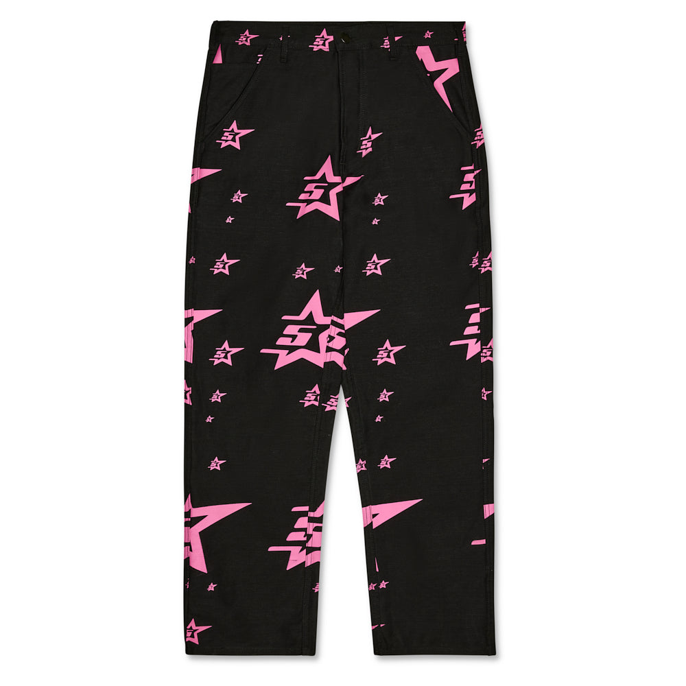 Black denim work pants with all-over pink 5 Star graphic.