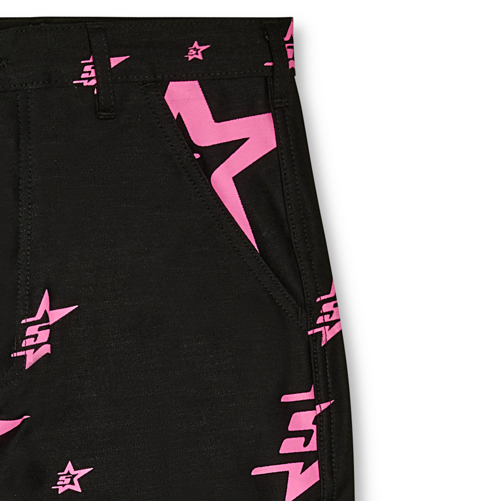 Black denim work pants with pink '5 Star' all-over graphic.