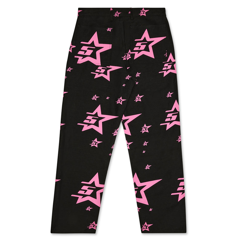 Black denim work pants with pink '5 Star' all-over graphic.
