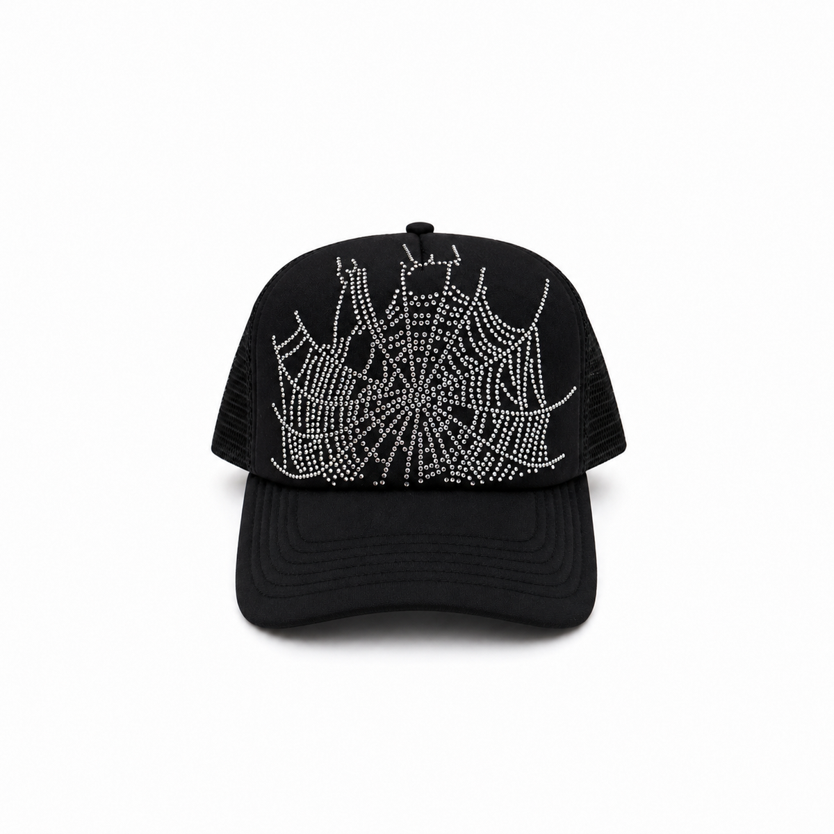 Black trucker hat featuring a sparkling rhinestone spider web graphic print, curved brim, and adjustable snapback.