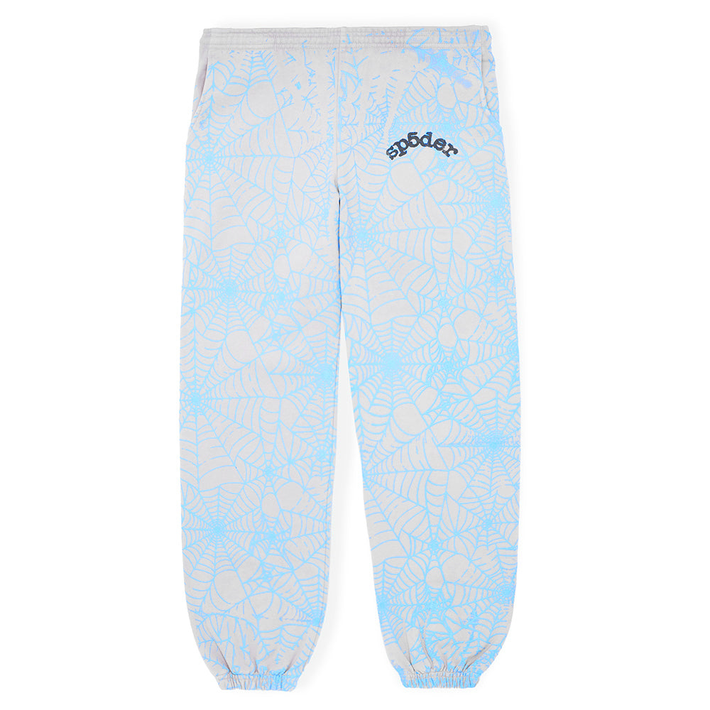 Gray 23oz fleece sweatpants with all-over light blue cracked web print and "sp5der" text.