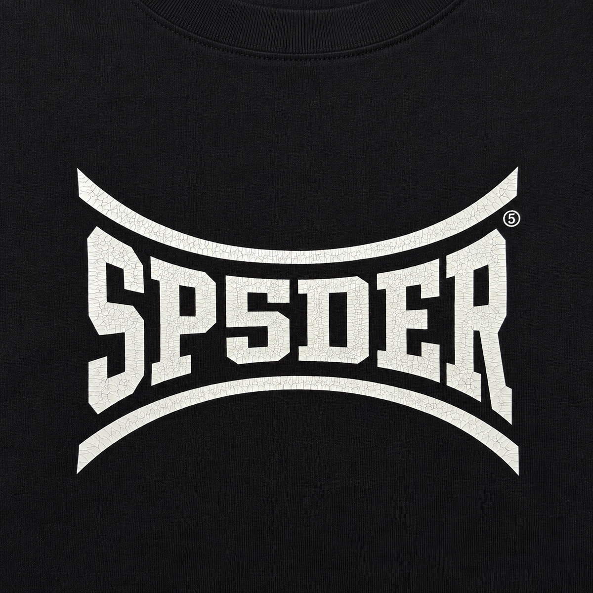Black cotton undershirt featuring a white SPSDER logo with a distressed, cracked-effect graphic print.