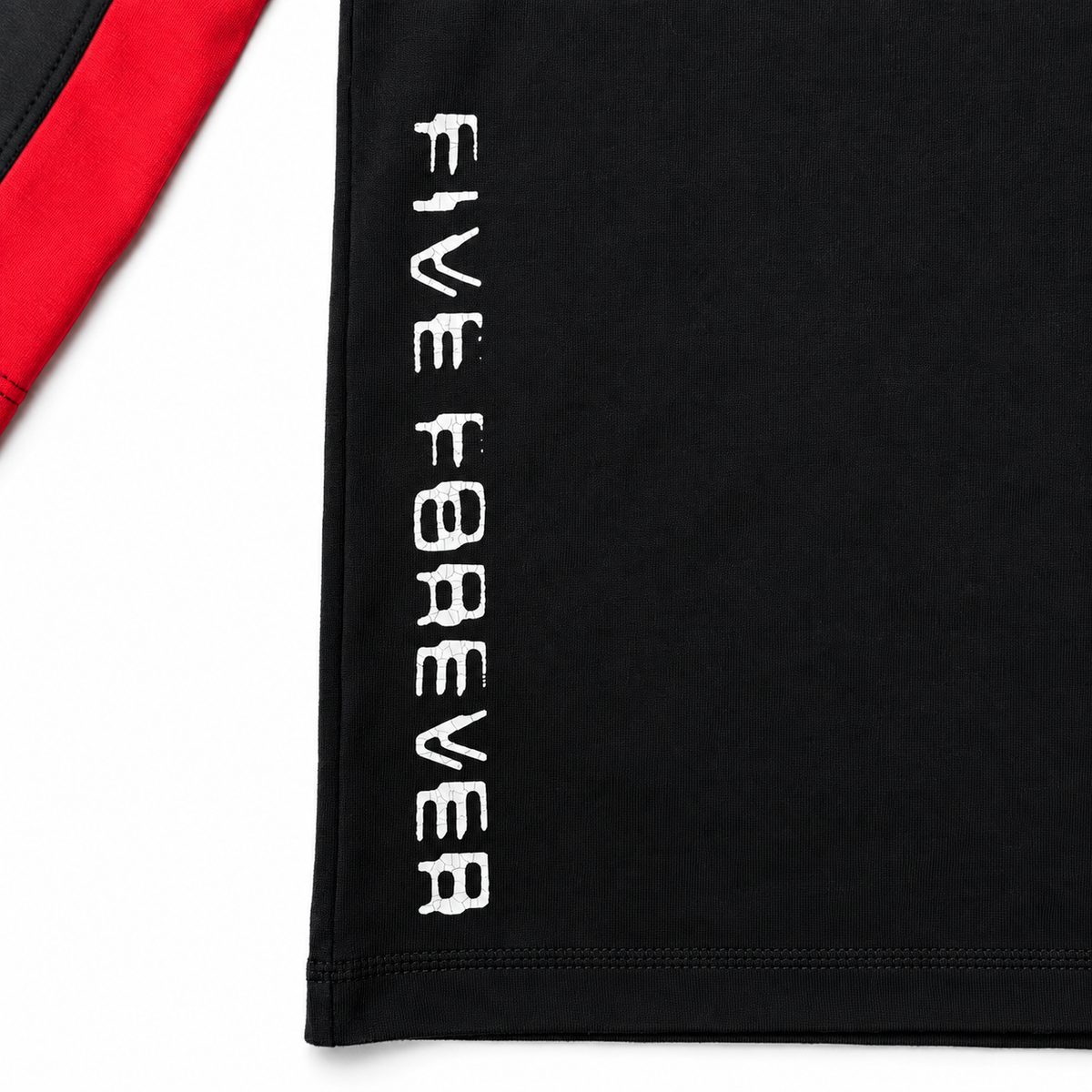 Black cotton knit undershirt with a vertical cracked-effect graphic print and a contrasting red sleeve panel.
