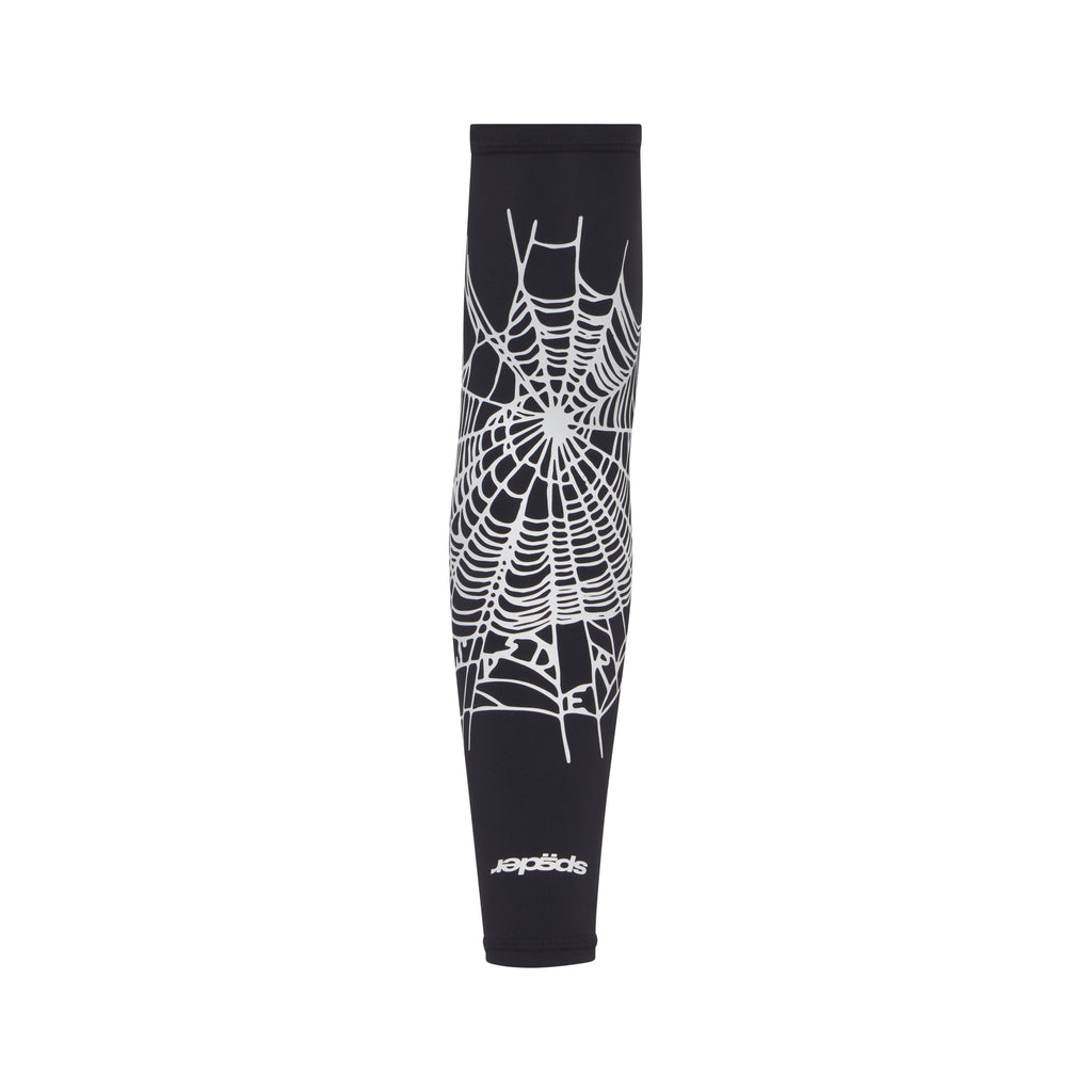 Black compression shooting sleeve featuring a white spider web graphic print and signature logo detail on breathable fabric.