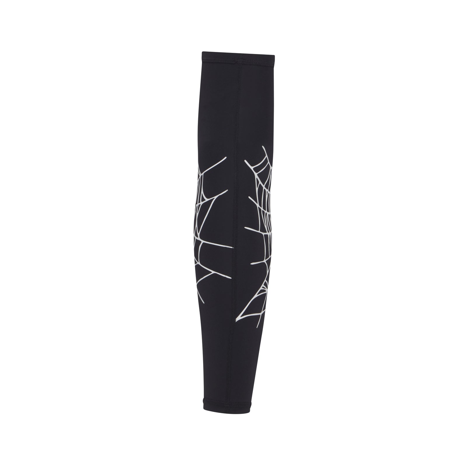 Black compression shooting sleeve made of breathable fabric with a white web graphic print and signature logo detail.