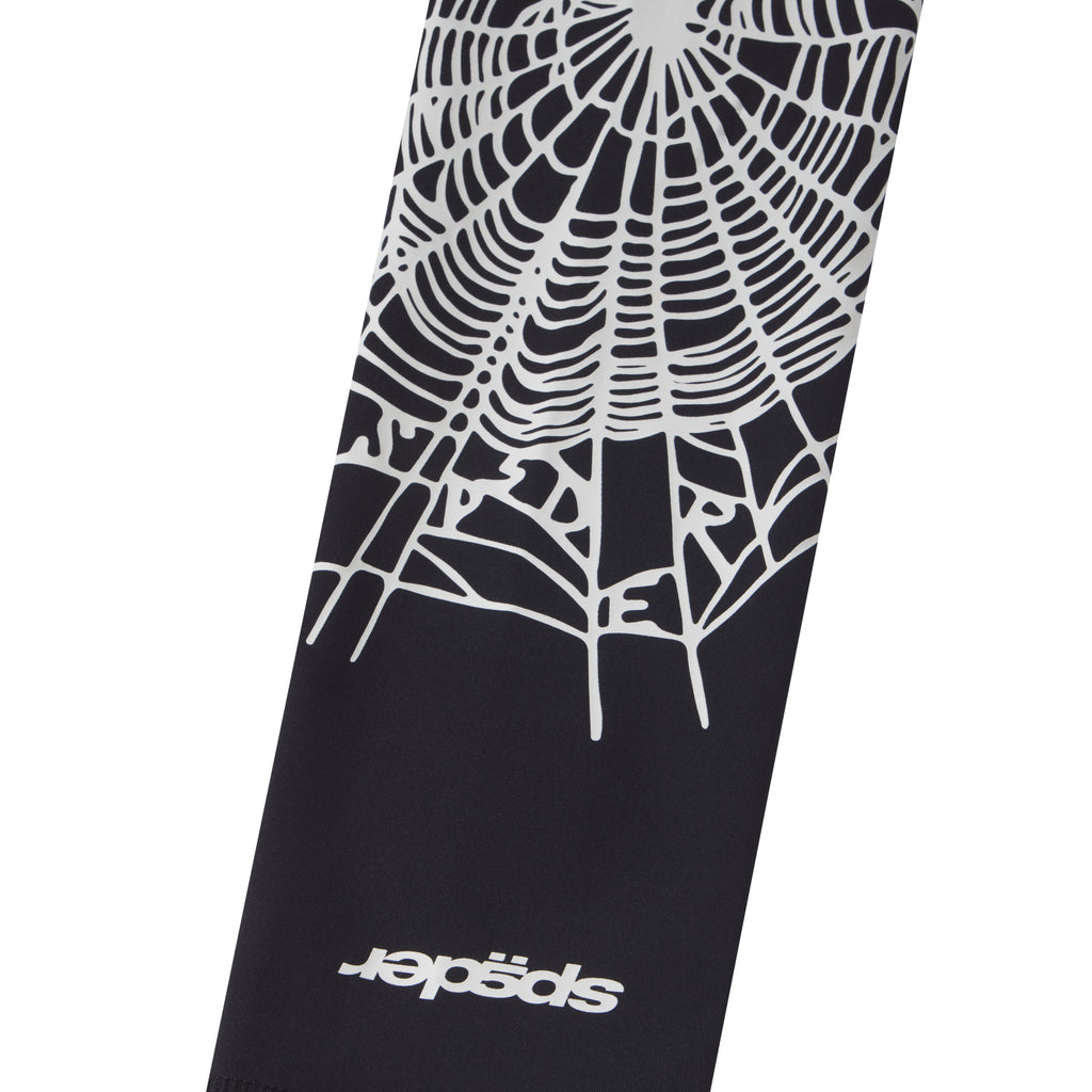 Black compression shooting sleeve featuring a white web graphic print and signature logo detail on breathable stretch fabric.