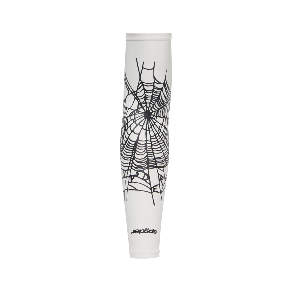 White compression shooting sleeve with black web graphic print and signature logo detail on breathable stretch fabric.