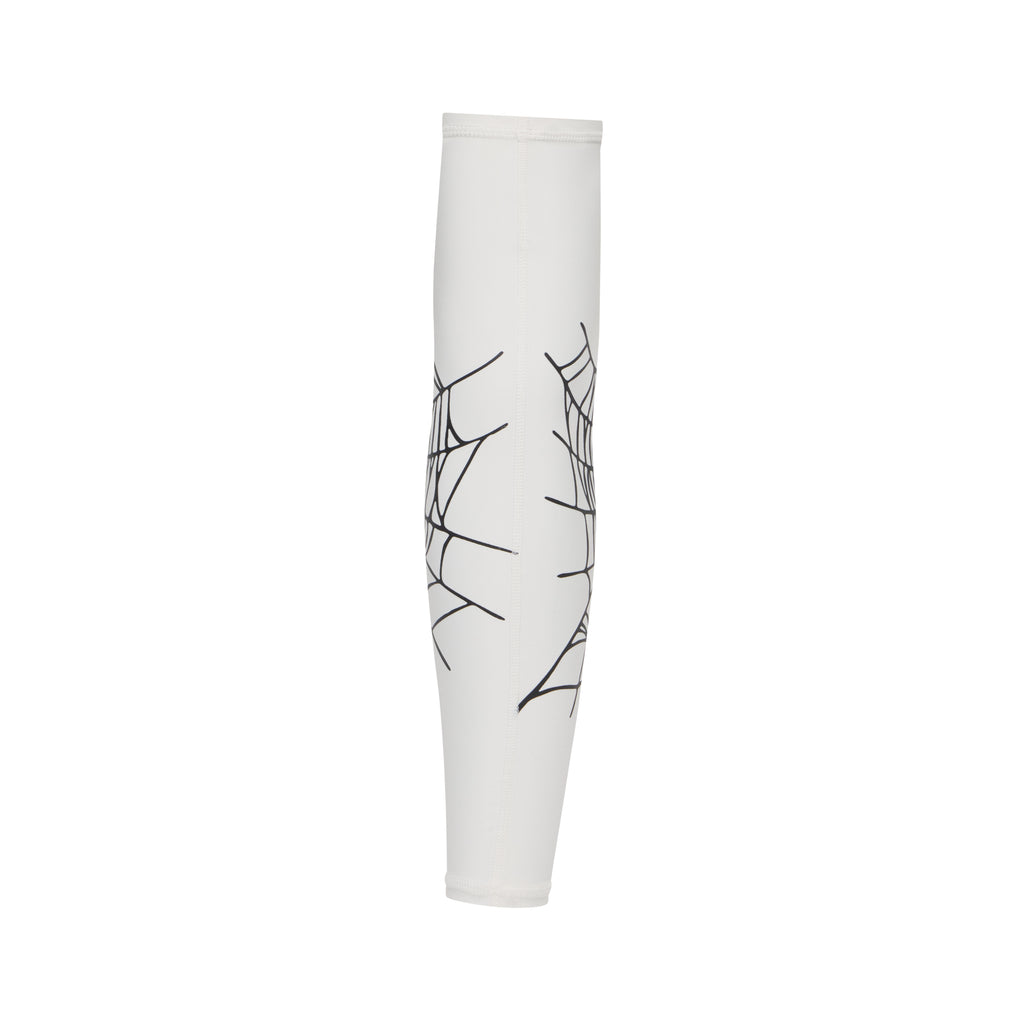 White compression shooting sleeve made of breathable stretch fabric featuring a black web graphic print.