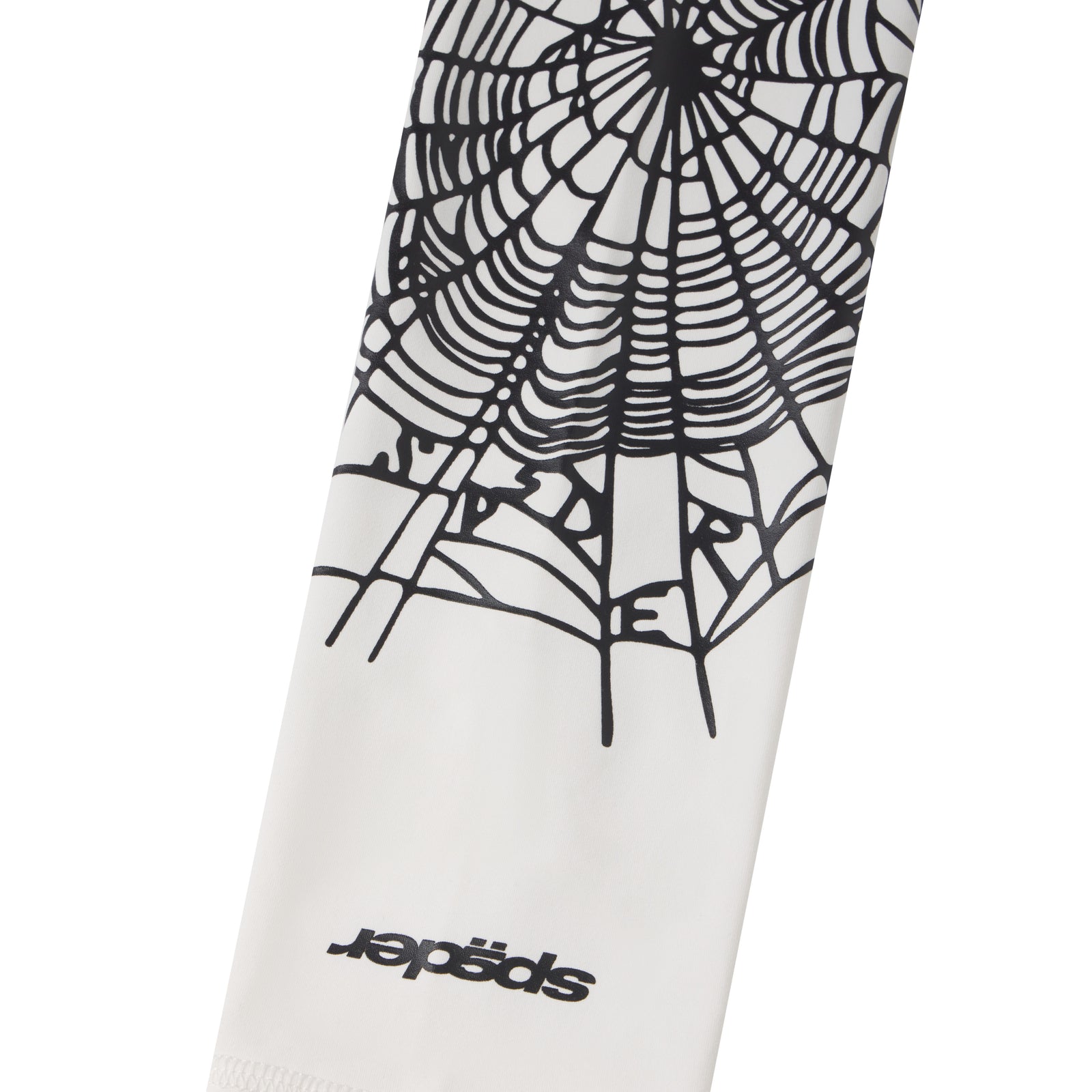 White compression arm sleeve featuring a black spider web graphic print and a signature logo detail.