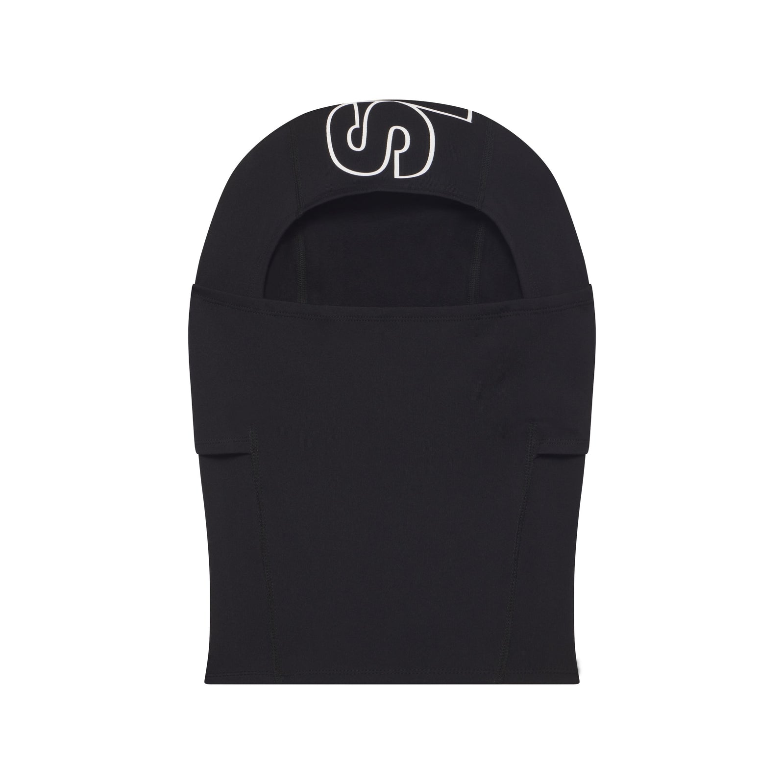 Black breathable spandex balaclava face mask featuring a white jumbo graphic logo print on the forehead.