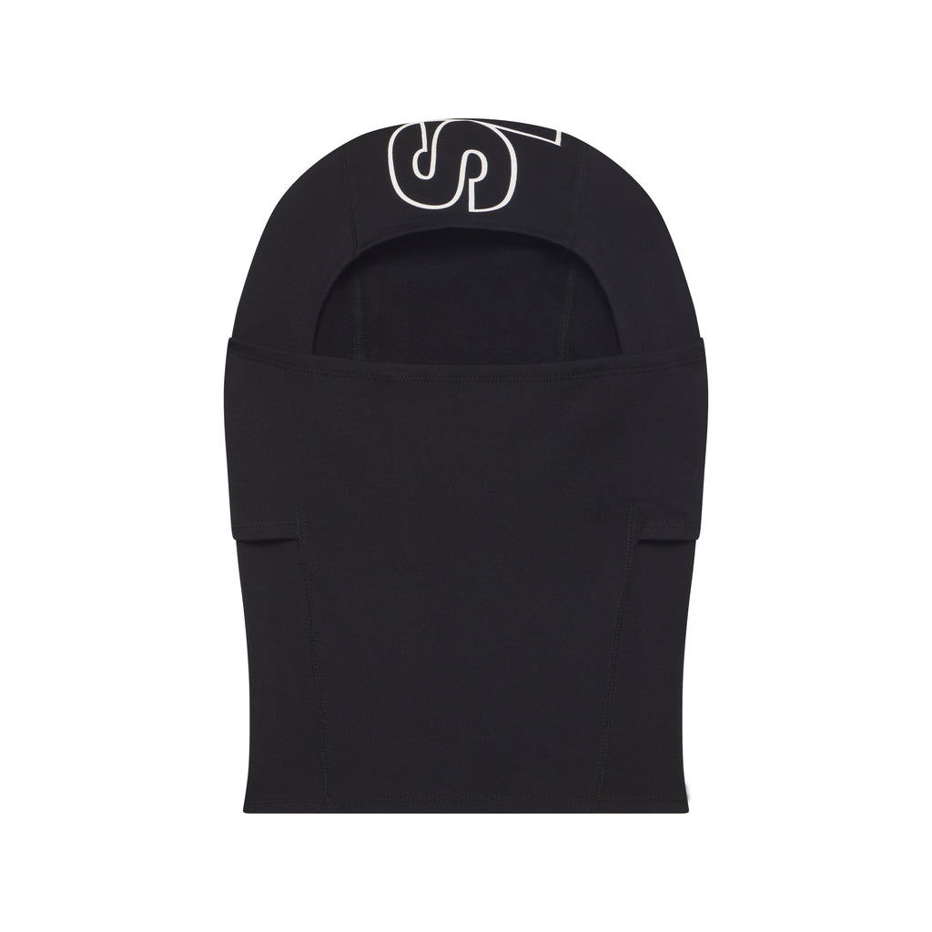 Black breathable spandex balaclava face mask featuring a white jumbo graphic logo print on the forehead.