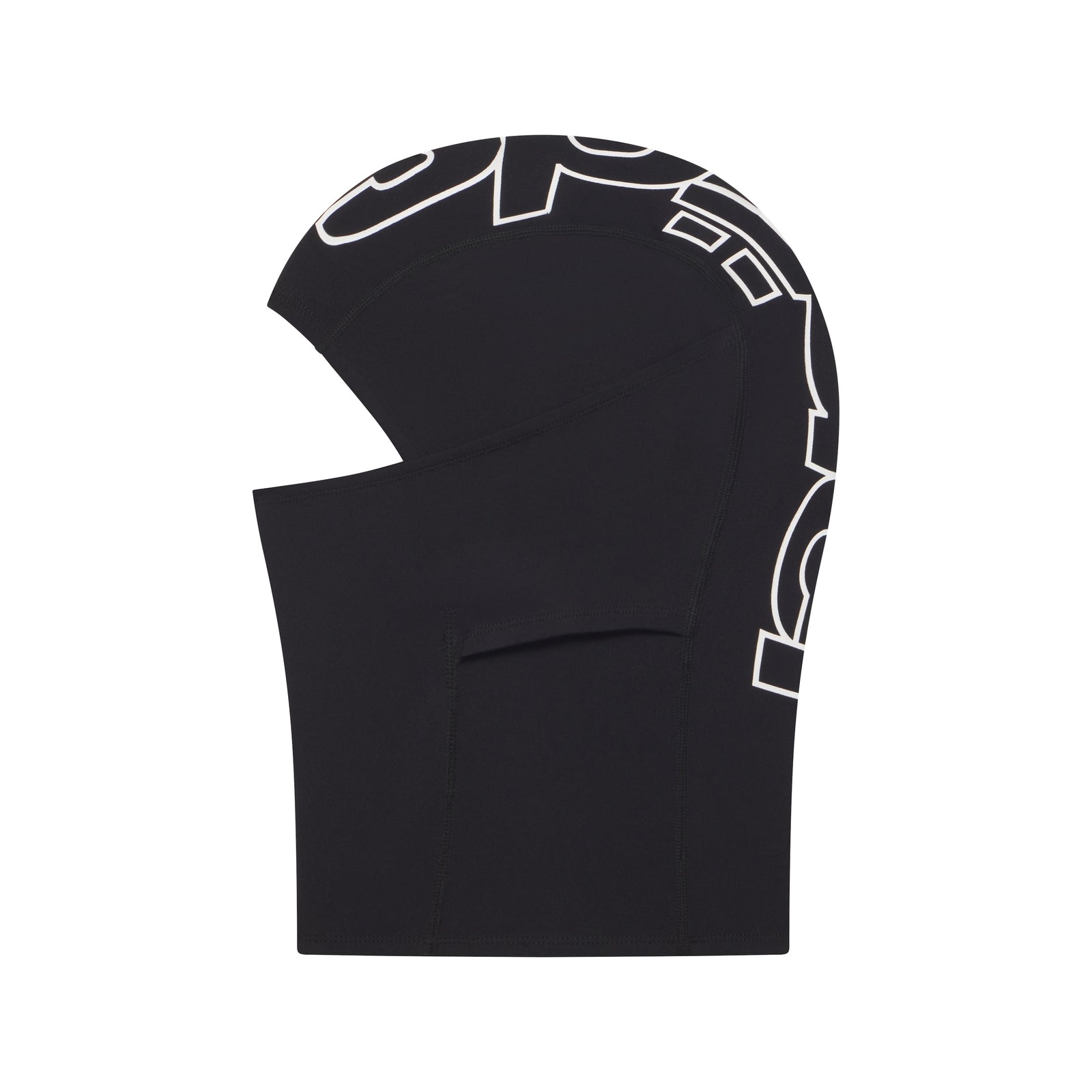 Black breathable spandex balaclava with a white jumbo graphic print design on the side and back.