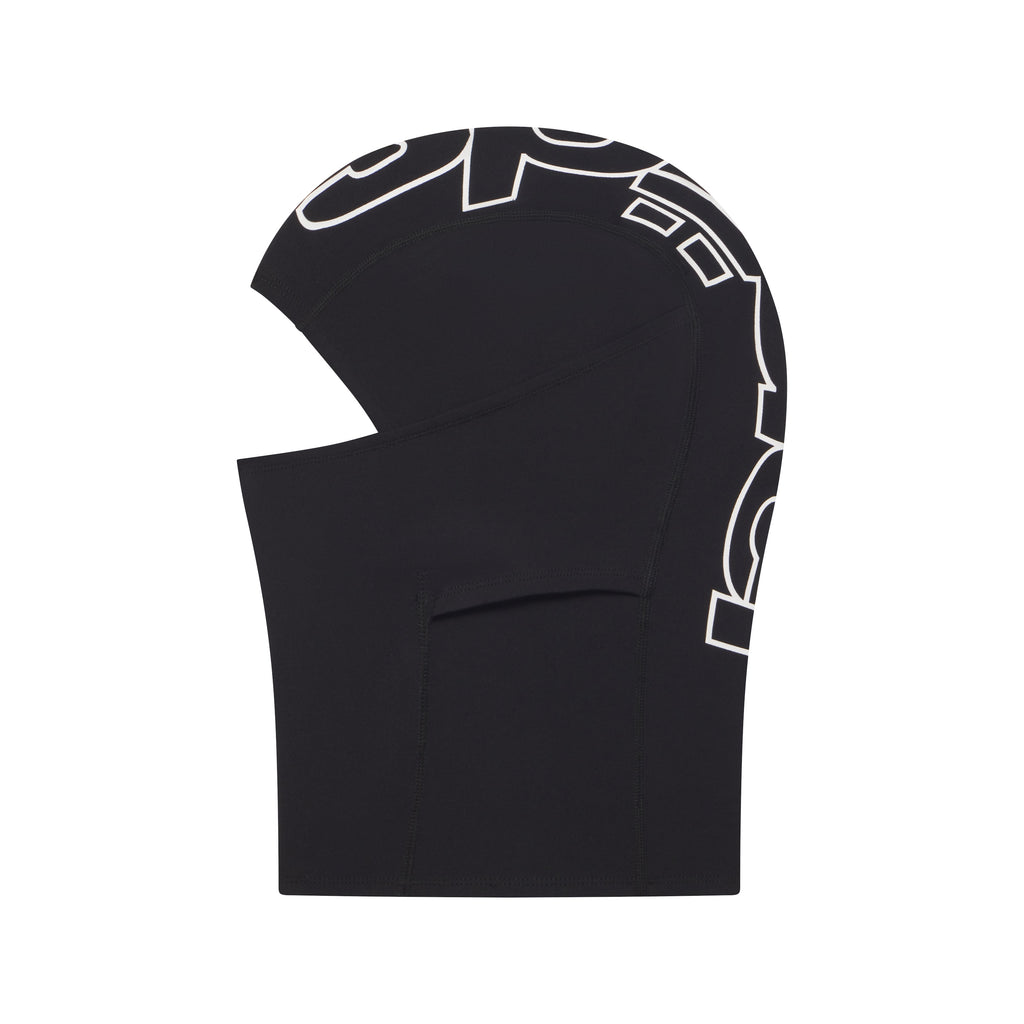 Black breathable spandex balaclava with a white jumbo graphic print design on the side and back.