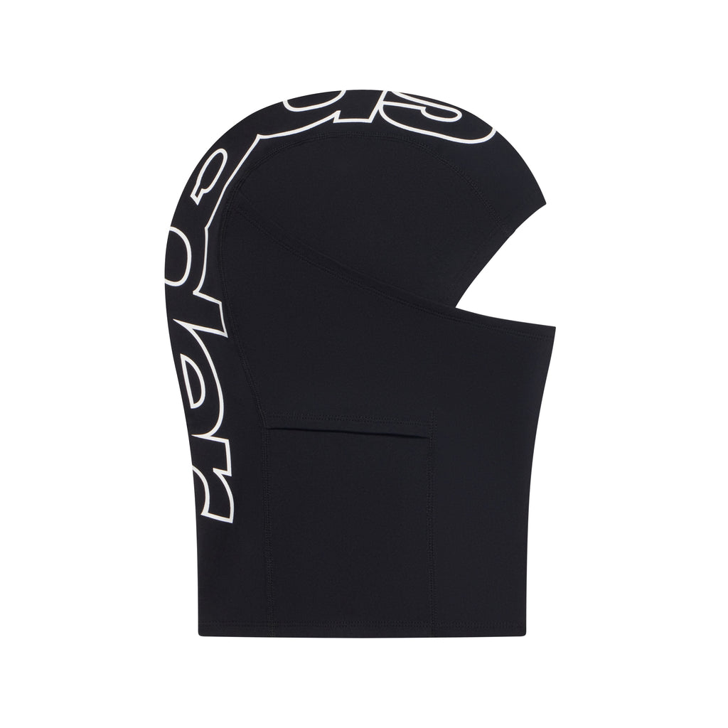 Black breathable spandex balaclava with a white jumbo graphic print design on the back.