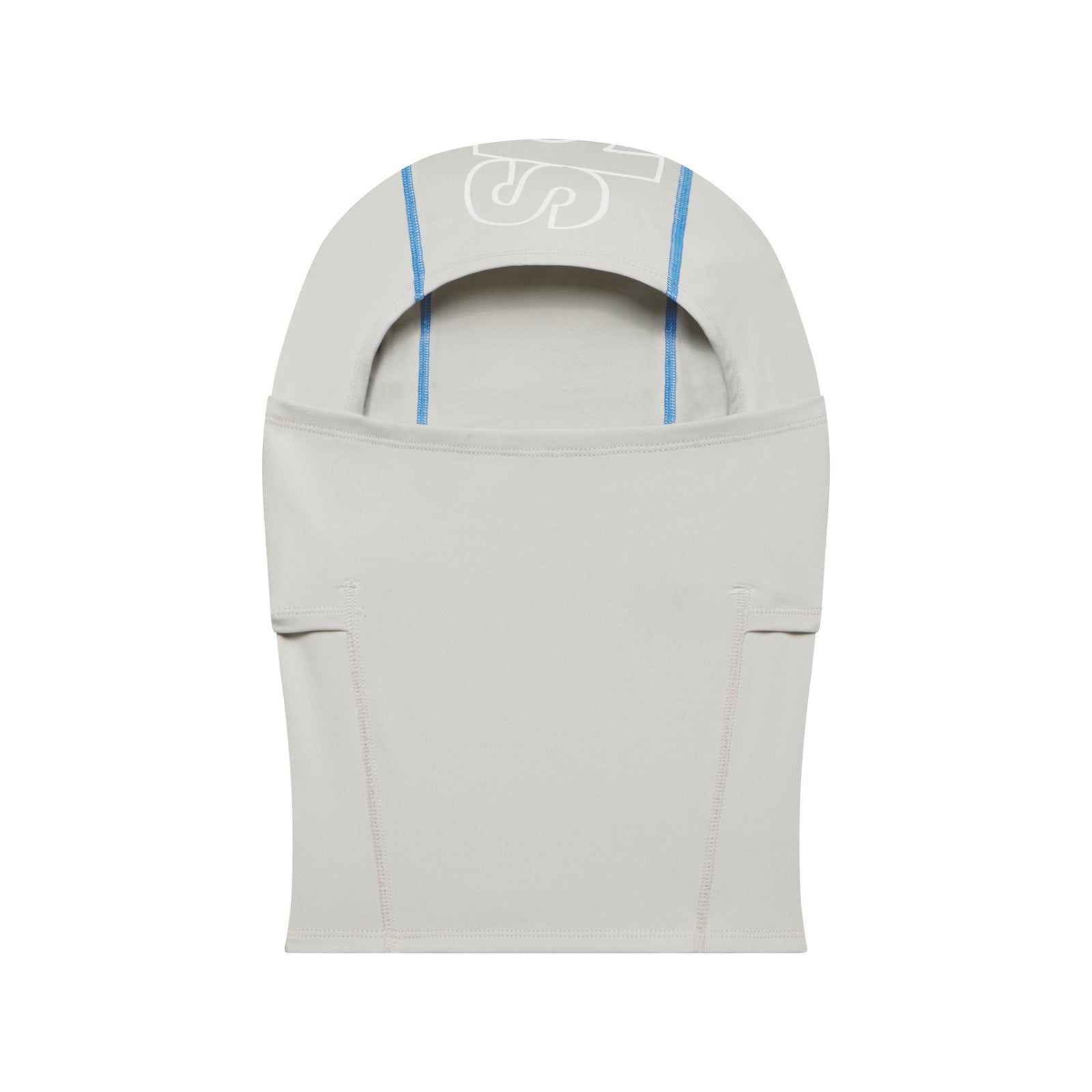 Light gray breathable spandex face mask with blue contrast stitching and a white jumbo graphic print on the back.