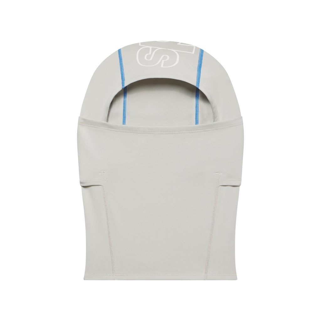 Light gray breathable spandex face mask with blue contrast stitching and a white jumbo graphic print on the back.