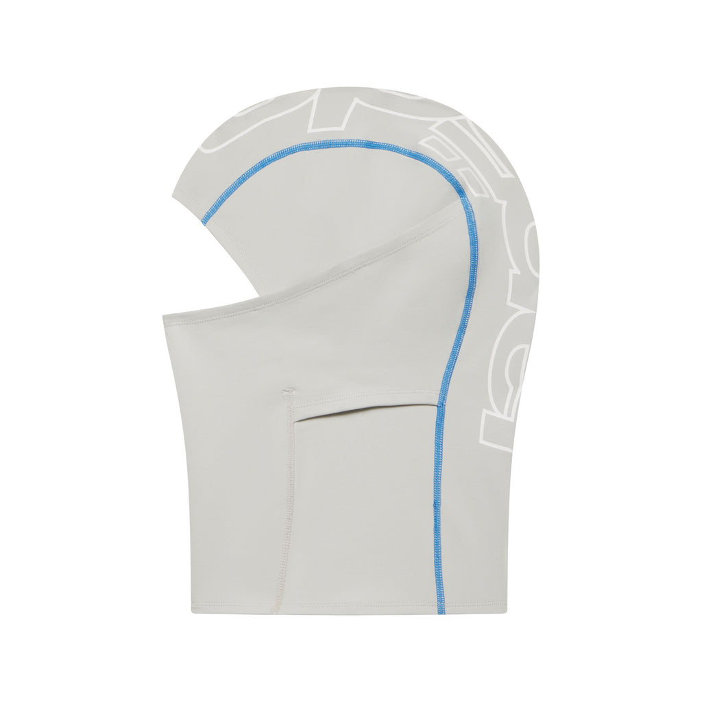 Light grey breathable spandex balaclava with blue contrast stitching and a white jumbo graphic logo print.