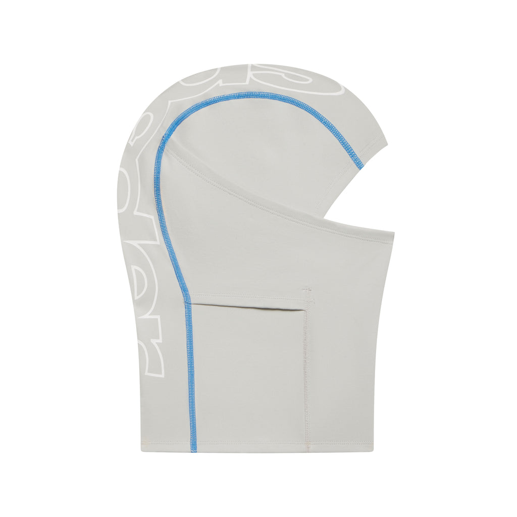 Light grey spandex face mask with jumbo white graphic print, blue contrast stitching, and a sleek, breathable design.