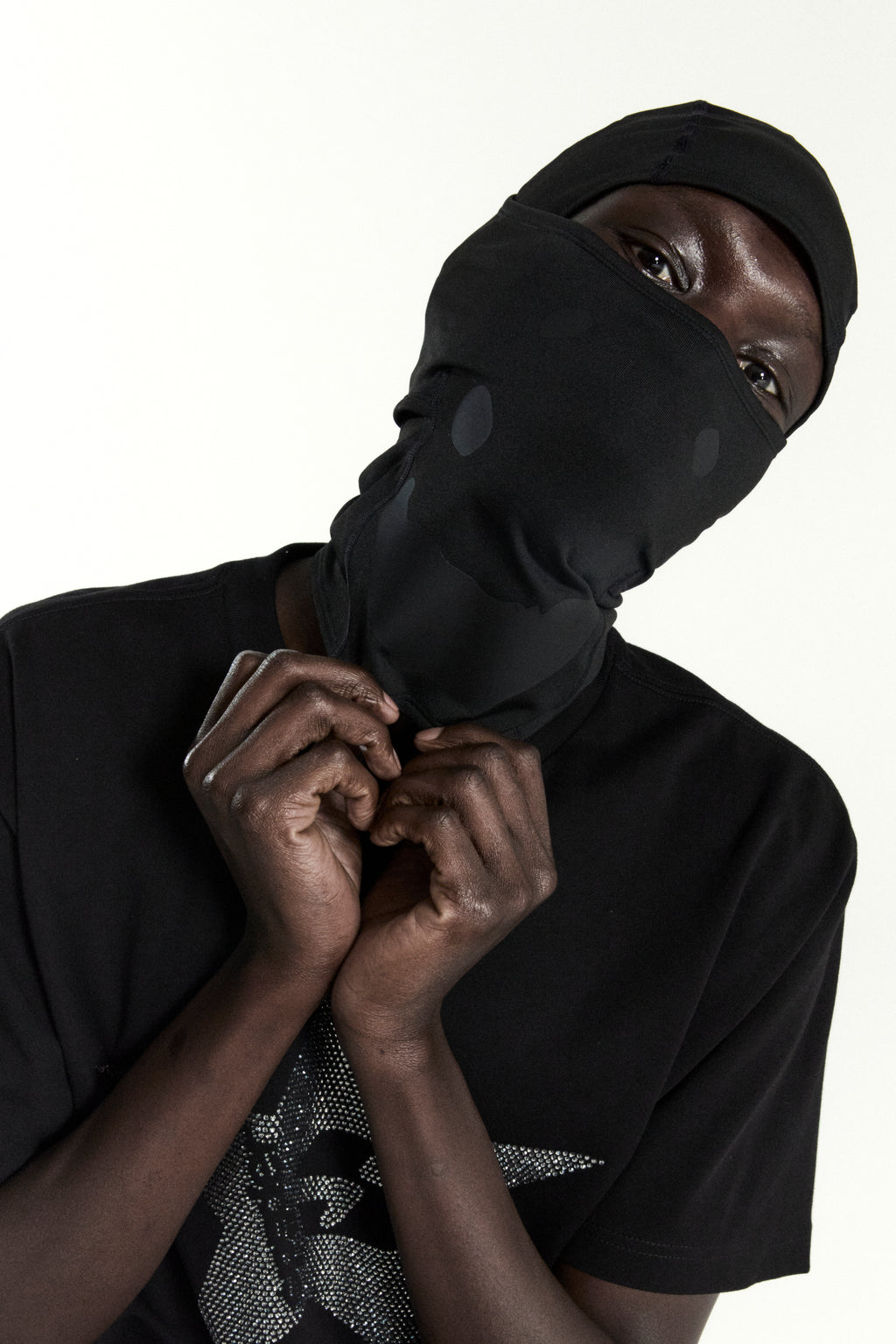 Black OG LOGO V2 SHIESTY MASK made of breathable spandex, featuring SP5DER graphic print.