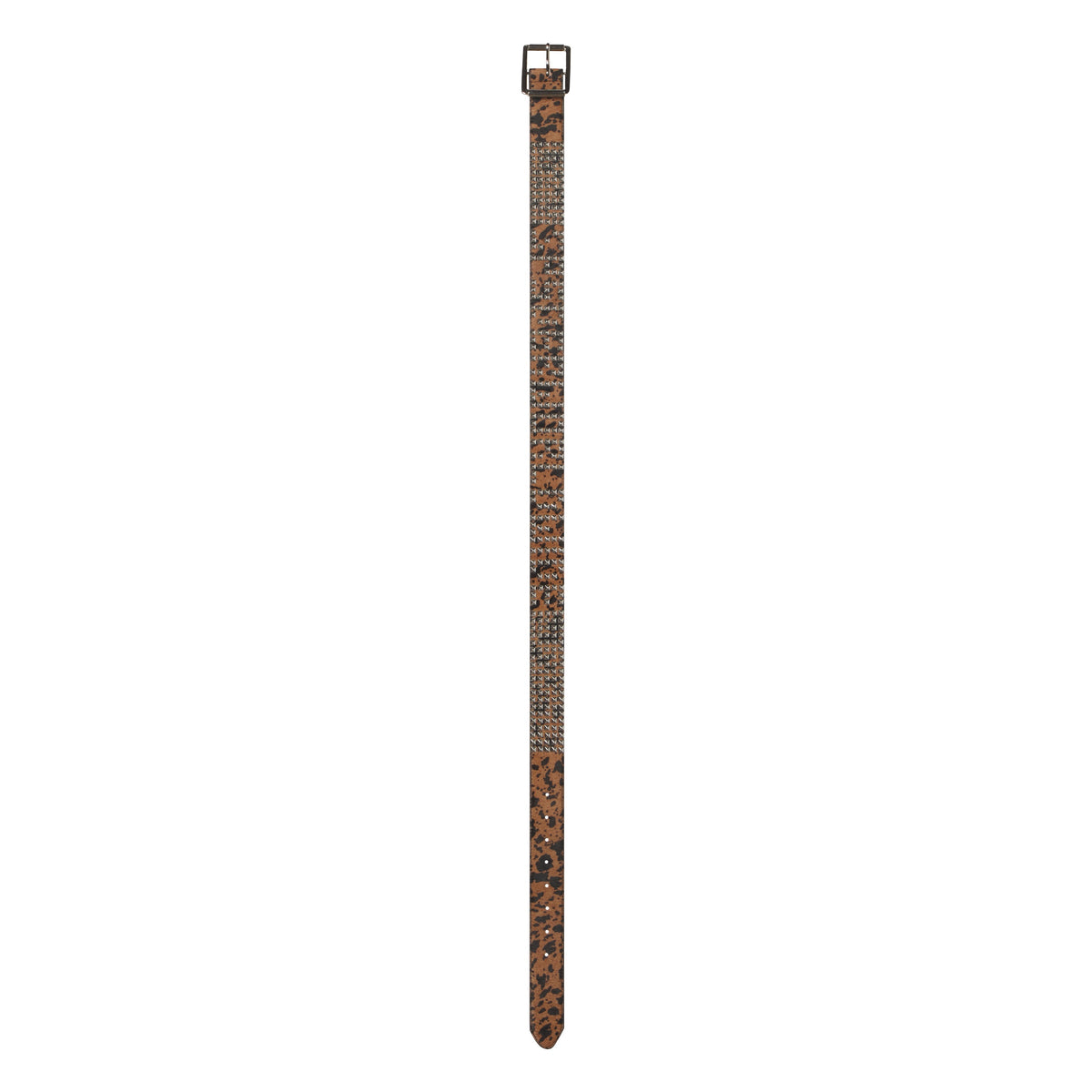 Leopard print pony hair belt featuring silver-tone pyramid studs, logo lettering, and a polished rectangular buckle.