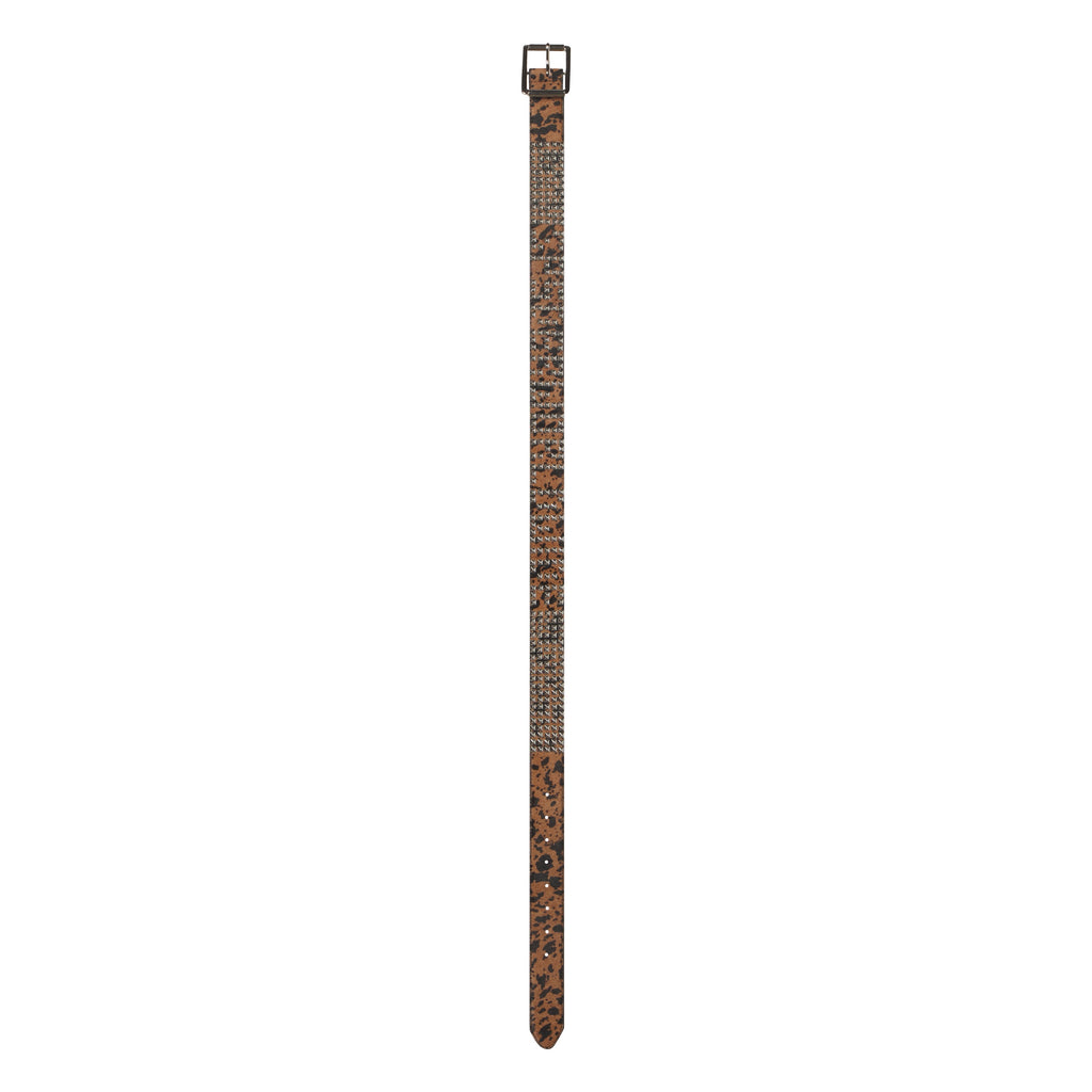 Leopard print pony hair belt featuring silver-tone pyramid studs, logo lettering, and a polished rectangular buckle.