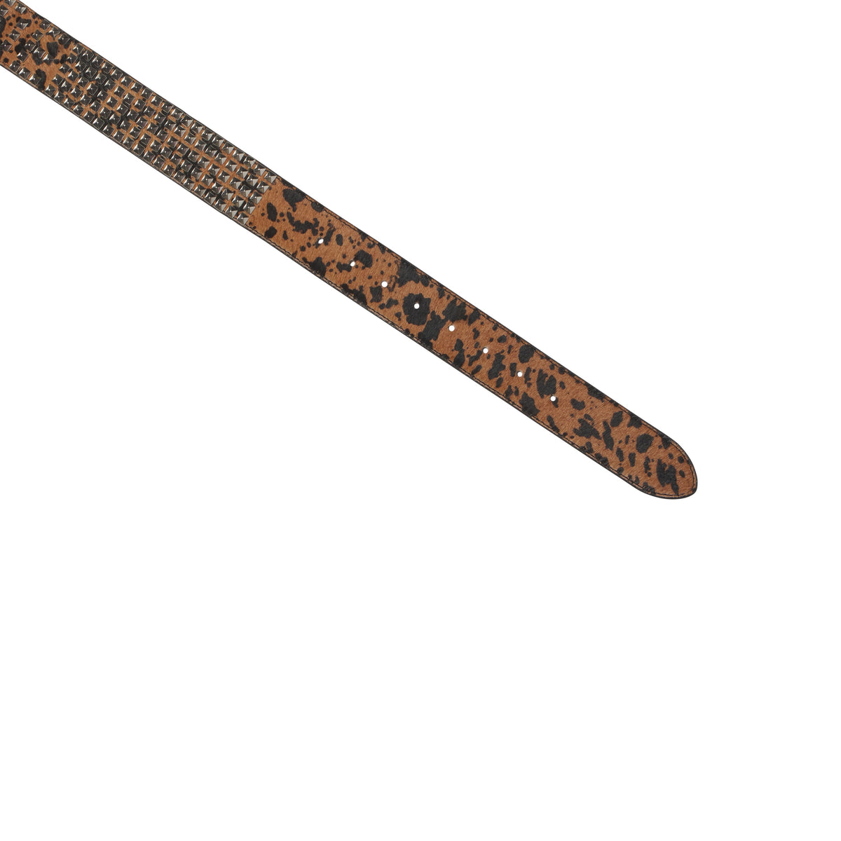 Leopard print pony hair belt featuring silver-tone pyramid studs and an adjustable prong closure.