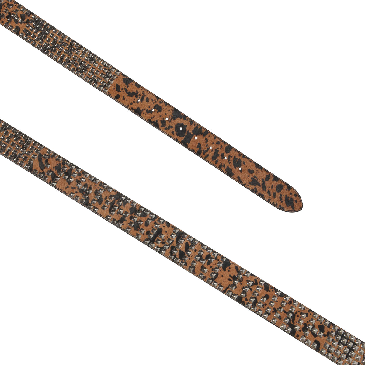 Leopard print pony hair belt featuring silver-tone pyramid studs and an adjustable prong closure.