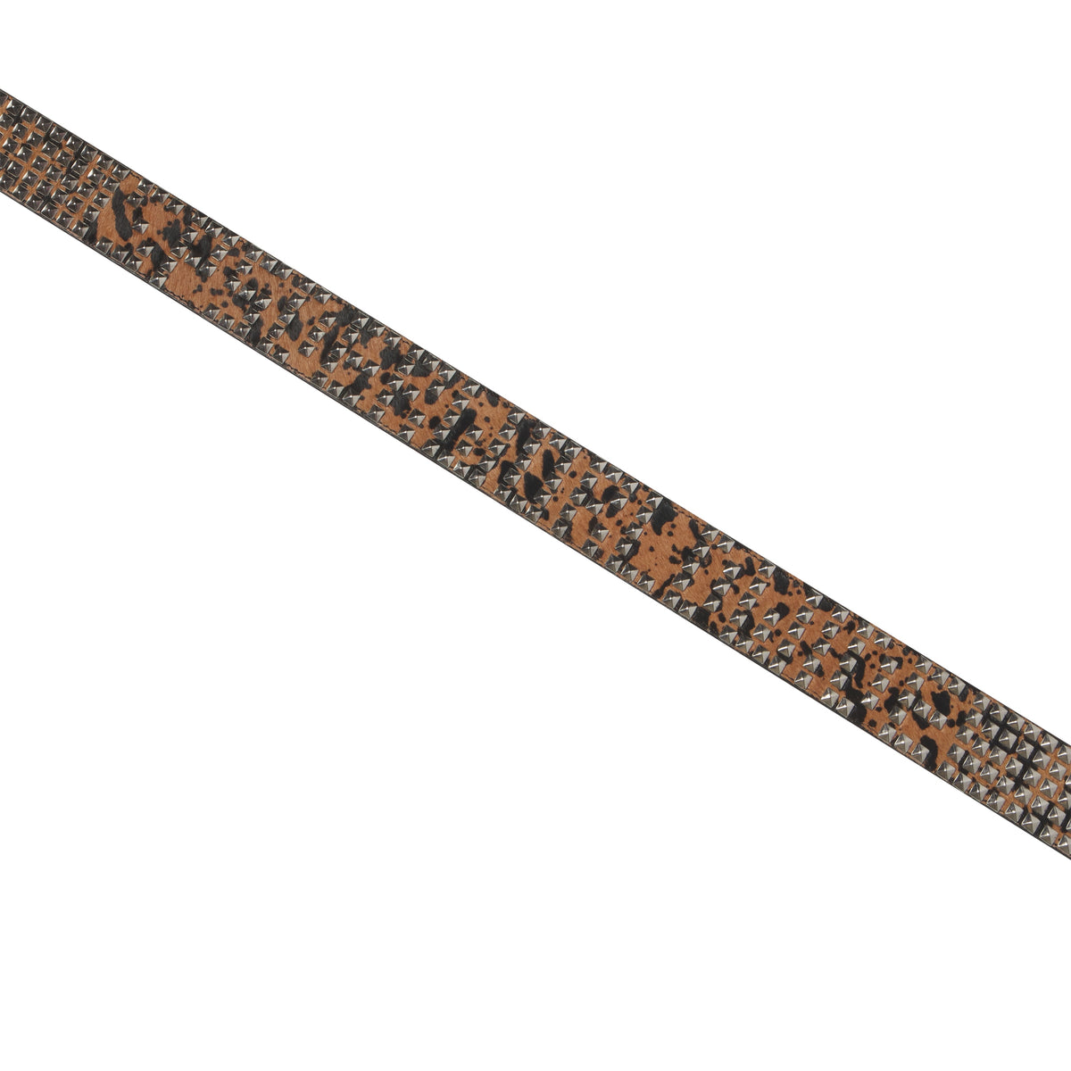 Leopard print pony hair belt featuring rows of silver-tone pyramid studs and tonal black stitching.