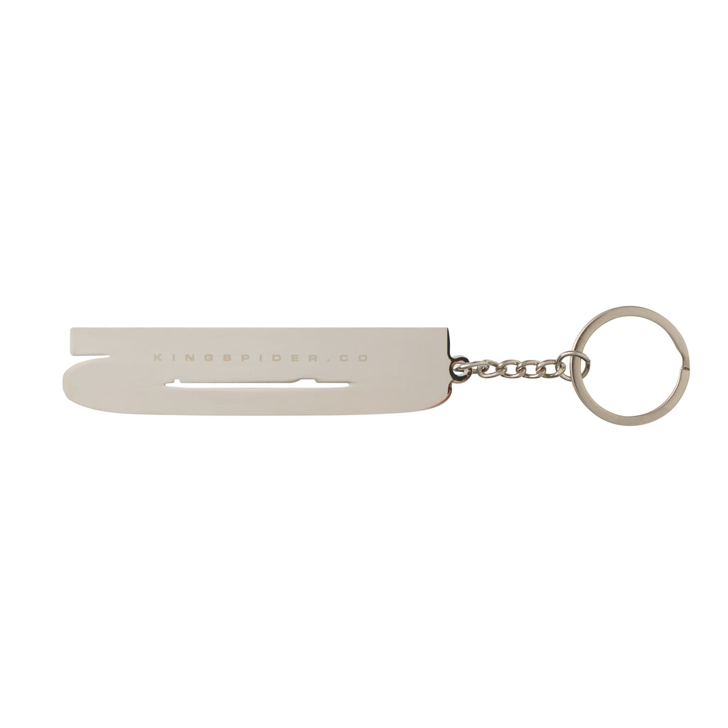 Silver-tone metal keychain featuring a flat, rectangular charm with a graphic KINGSPIDER.CO logo and a standard silver keyring.