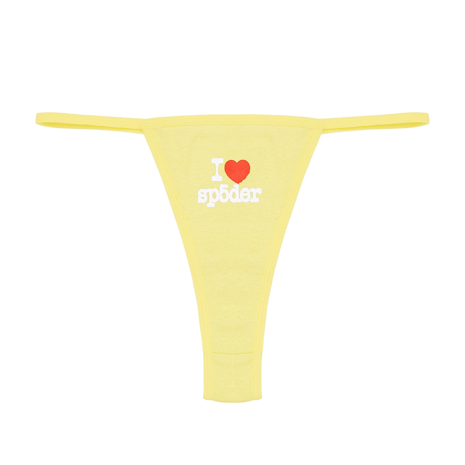 Yellow cotton thong brief with "I ❤️ sp5der" graphic, V-string coverage, and high-cut back.