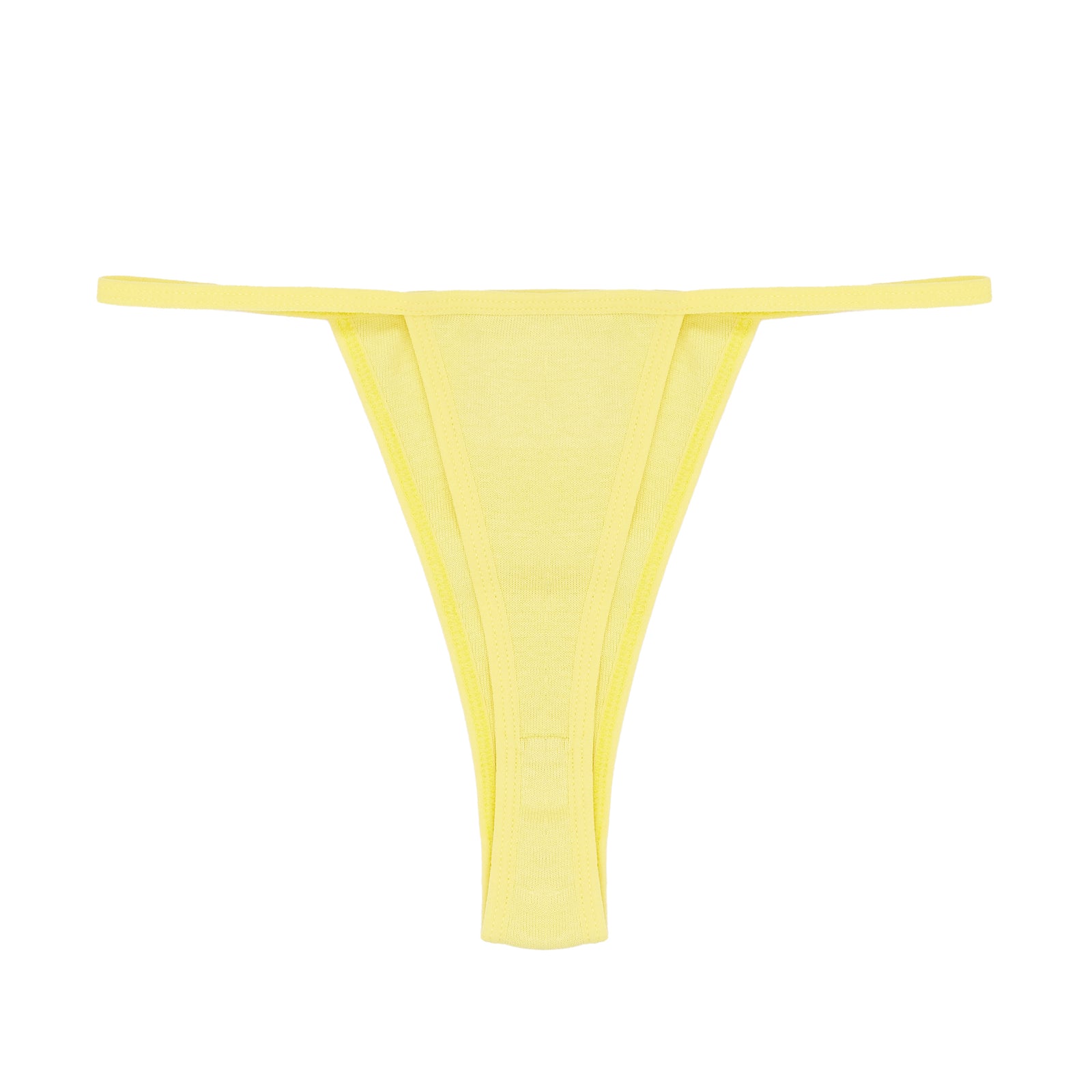 Yellow cotton thong brief with solid trim, V-string coverage, and high-cut back.