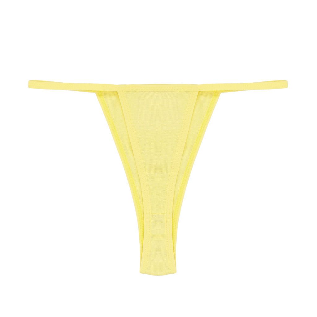 Yellow cotton thong brief with solid trim, V-string coverage, and high-cut back.