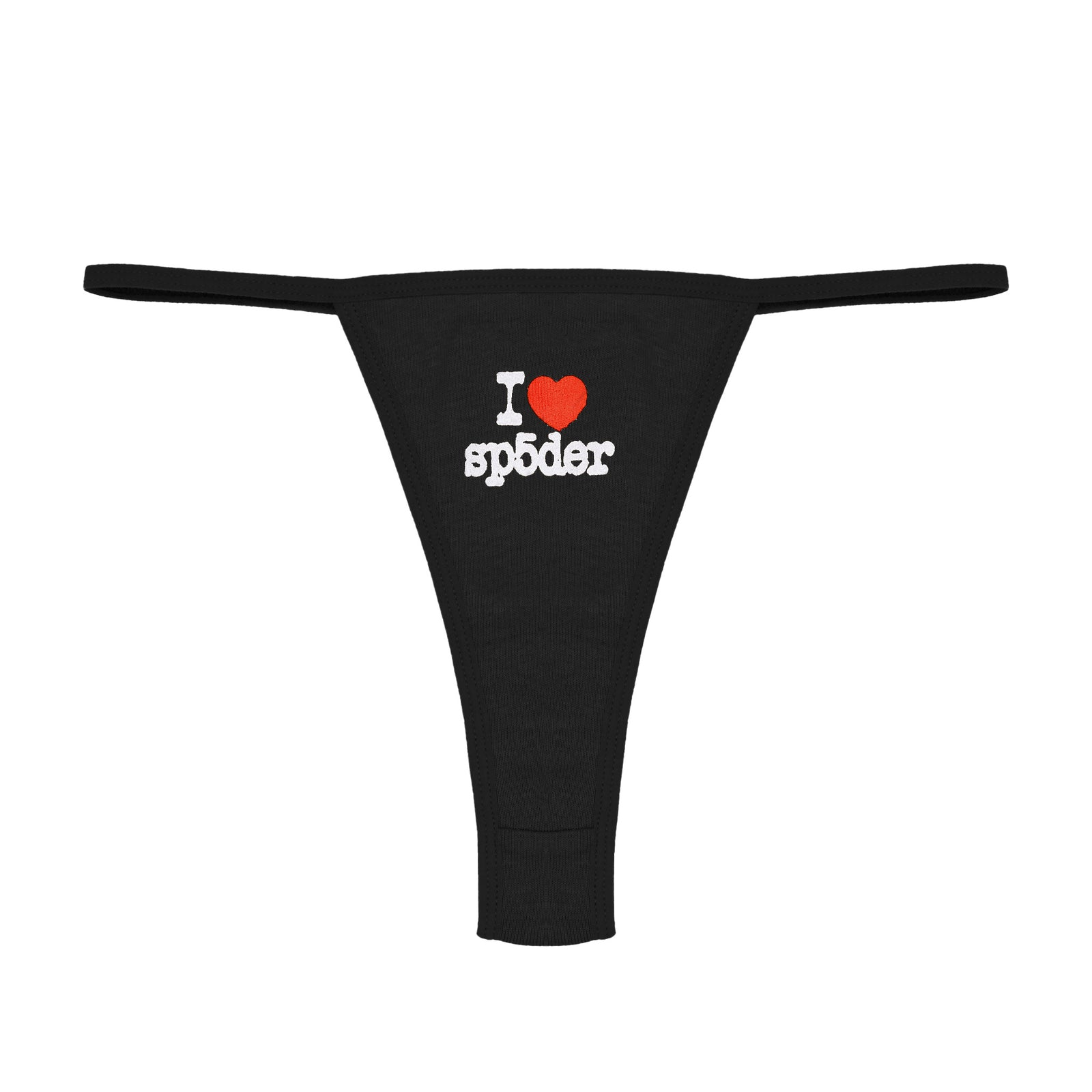 Black cotton thong brief with "I ❤️ sp5der" graphic, solid trim, and V-string coverage.