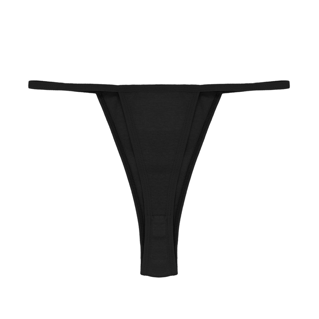 Black cotton thong brief with solid trim and V-string coverage.