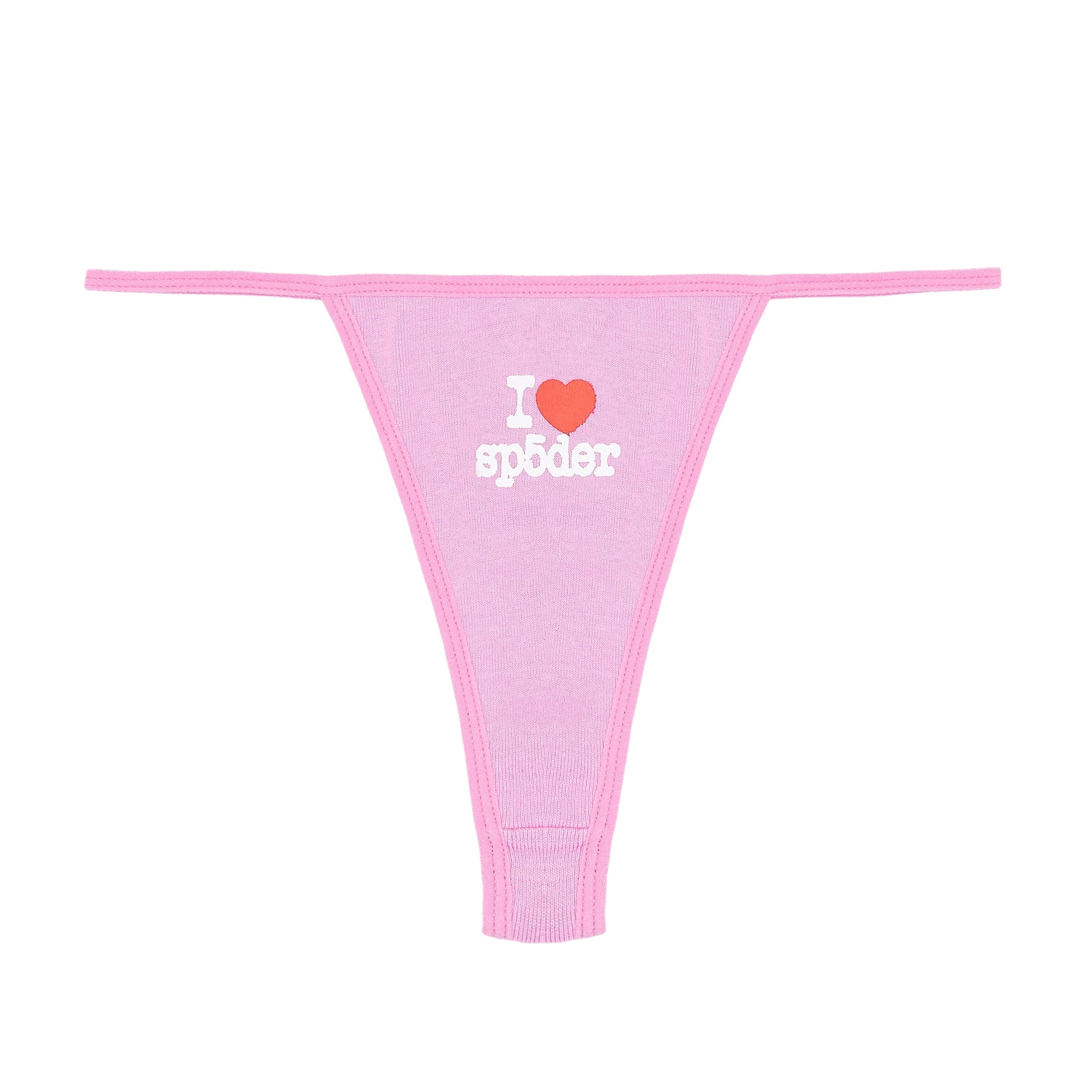 Pink cotton thong brief with "I ❤️ sp5der" graphic, solid trim, and V-string coverage.