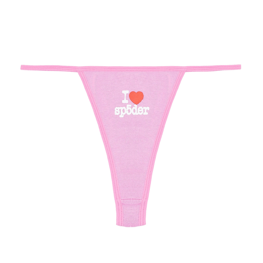 Pink cotton thong brief with "I ❤️ sp5der" graphic, solid trim, and V-string coverage.