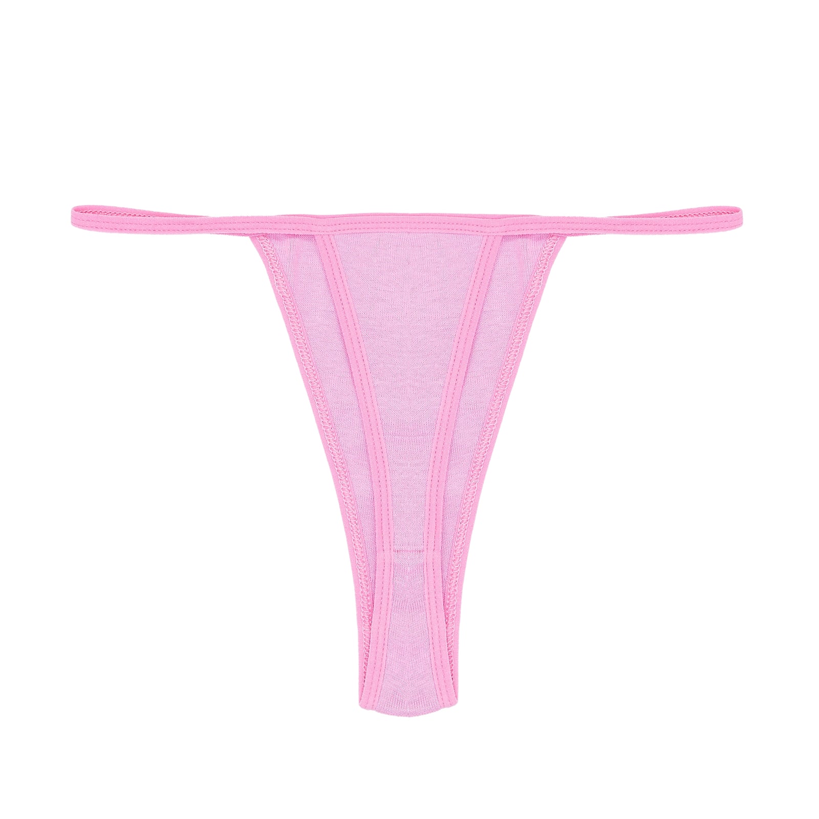 Pink cotton thong brief with solid trim and V-string coverage.