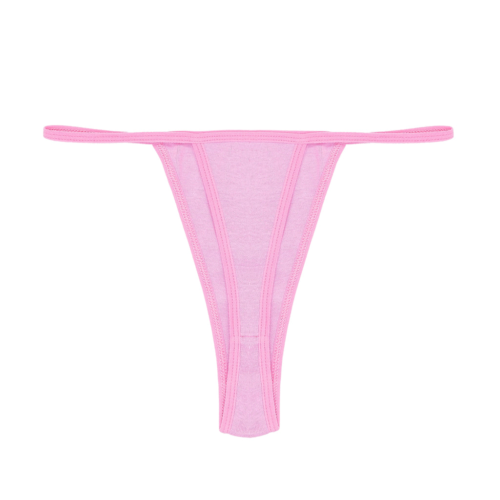 Pink cotton thong brief with solid trim and V-string coverage.